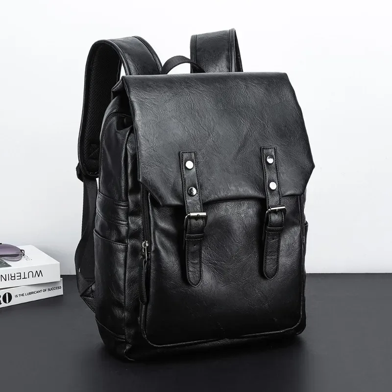 sac à dos de luxe en cuir pu pour hommes, sac à dos de voyage de grande capacité pour ordinateur portable de 15 pouces, sac à dos à rabat à la mode, sac de randonnée et de camping
