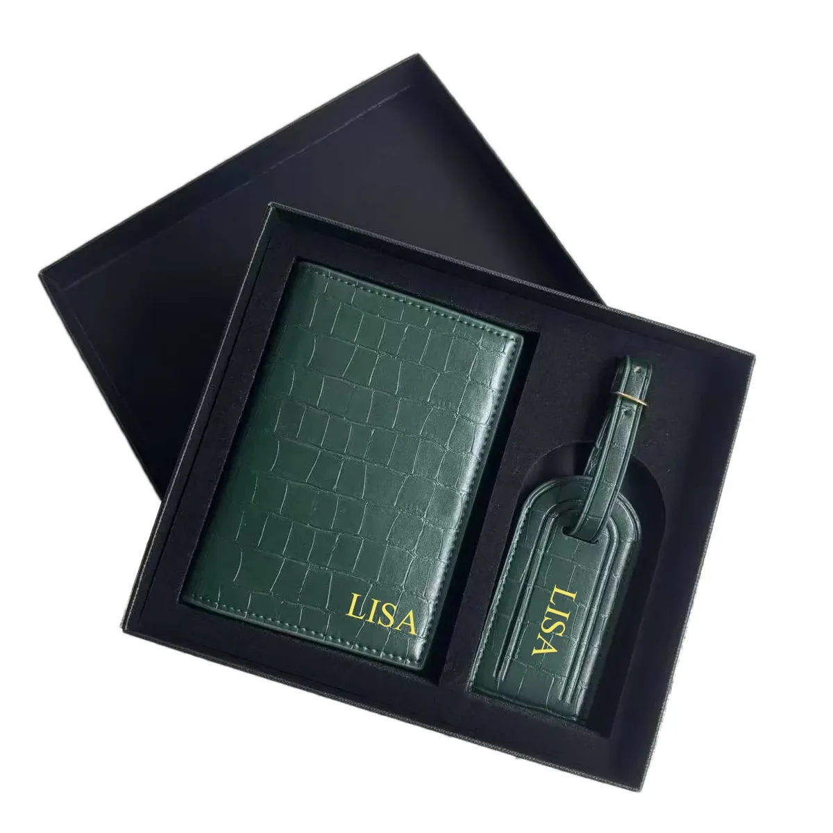 ensemble de coffret cadeau avec lettres initiales monogrammées gratuites, porte-passeport à motif crocodile, étiquette de bagage, housse de passeport, accessoires de voyage