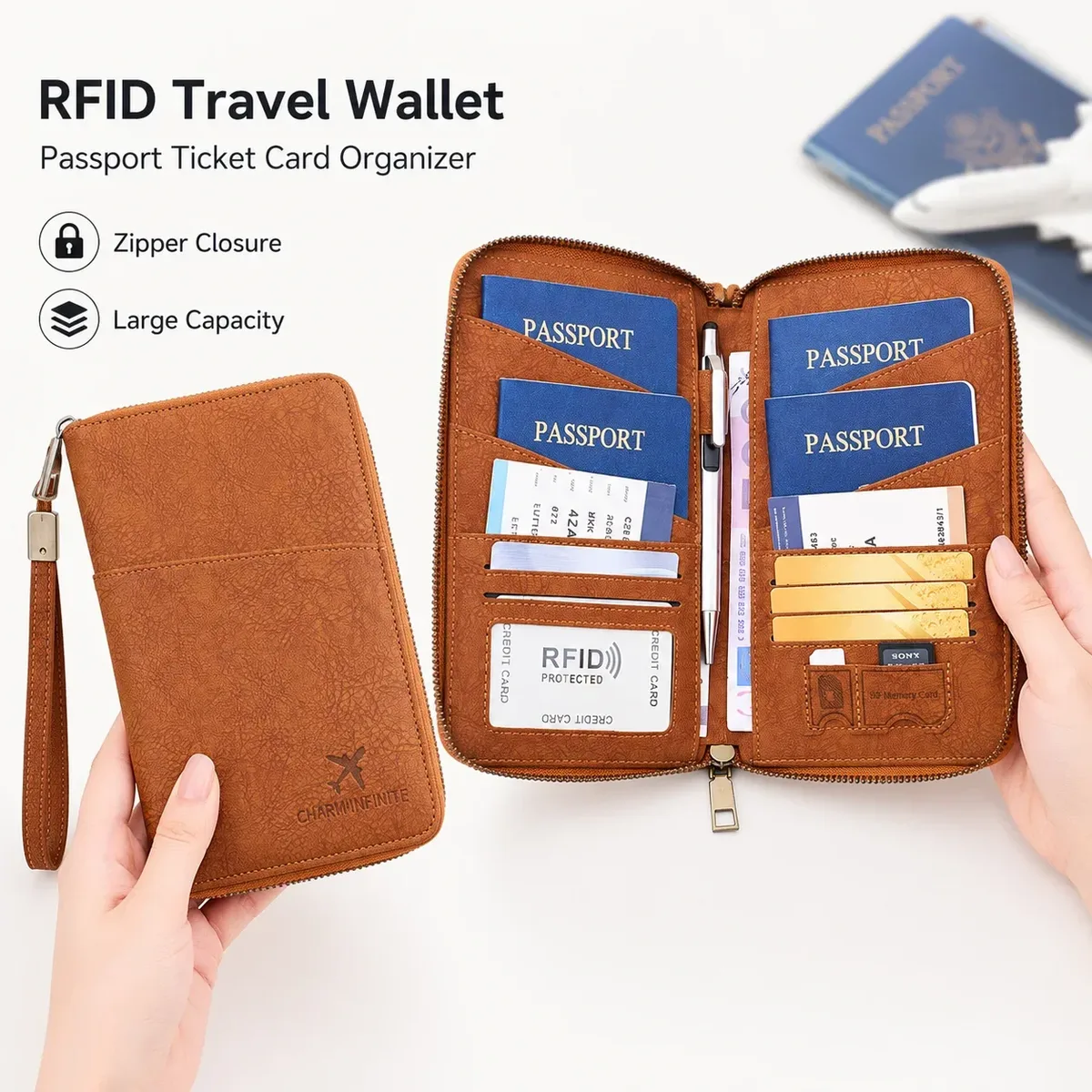portefeuille de voyage anti-rfid grande capacité en cuir pu, organiseur de documents avec fermeture éclair pour passeport, billets, cartes et stylo