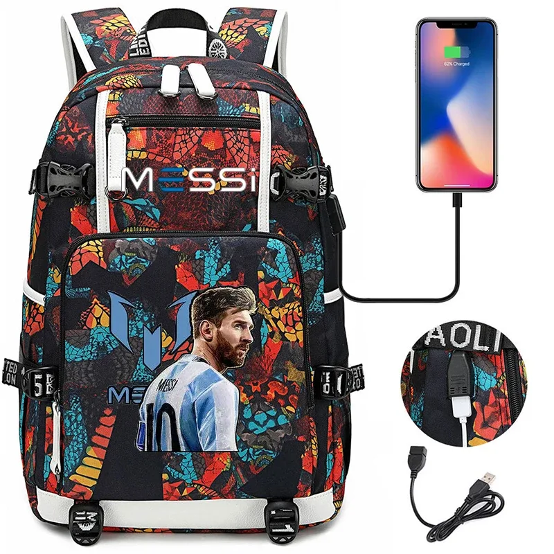 sac à dos de sport de football messi en tissu oxford avec fermeture à loquet, grande capacité, pour ordinateur portable, loisirs, voyage, école et étudiants