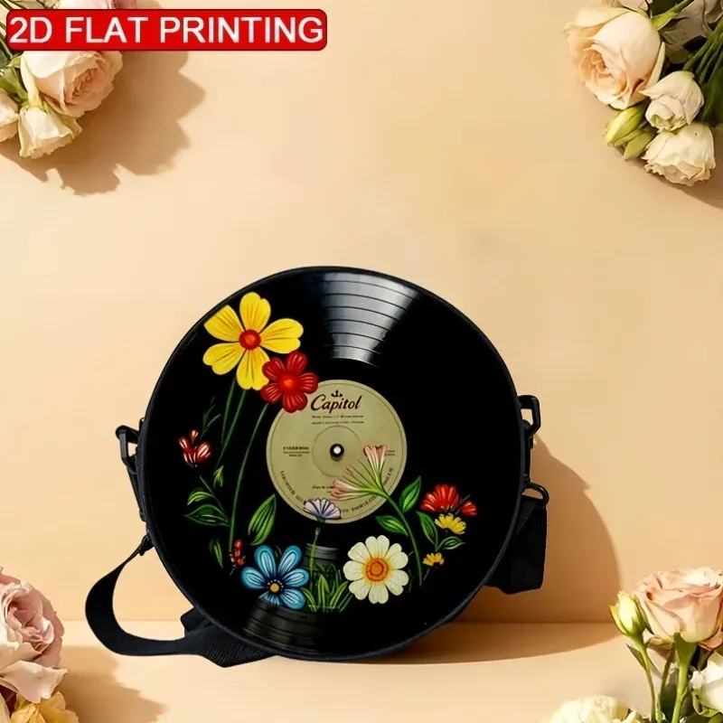 sac à bandoulière rond à imprimé floral record, sac messager décontracté pour femme, meilleurs cadeaux, sac à bandoulière plat 2d décontracté pour tous les jours, accessoires.