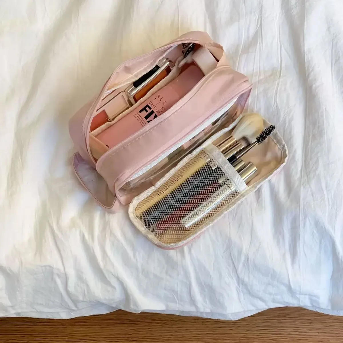 sac à cosmétiques double couche en nylon, organisateur de maquillage de voyage, trousse de toilette de grande capacité, trousse à crayons multifonction, porte-pinceaux