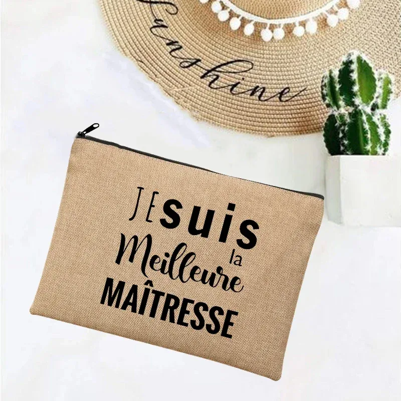 cadeau maitresse école cadeau maitresse trousse de maquillage sacs de maquillage en lin merci professeur impression française simple bracelet pochette plage papeterie stockage voyage organisateur étui cadeaux