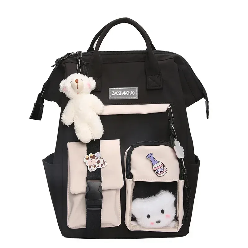 sac dos nylon patchwork noir blanc gris femmes voyage ecole bandoulière arquée fermeture éclair poche integree pcs ouverte style preppy