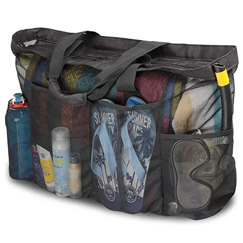 sac de plage extra large en maille avec fermeture éclair et poche, idéal pour les croisières en famille ou les vacances à la plage | sac de rangement pour articles de voyage