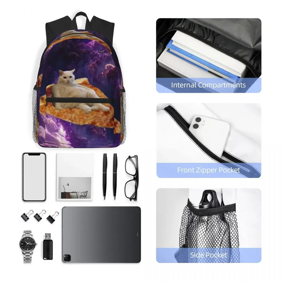 sac à dos d'école pour étudiants, sac à dos de randonnée et de voyage pour garçons et filles, sac à dos à bandoulière space pizza cat meme