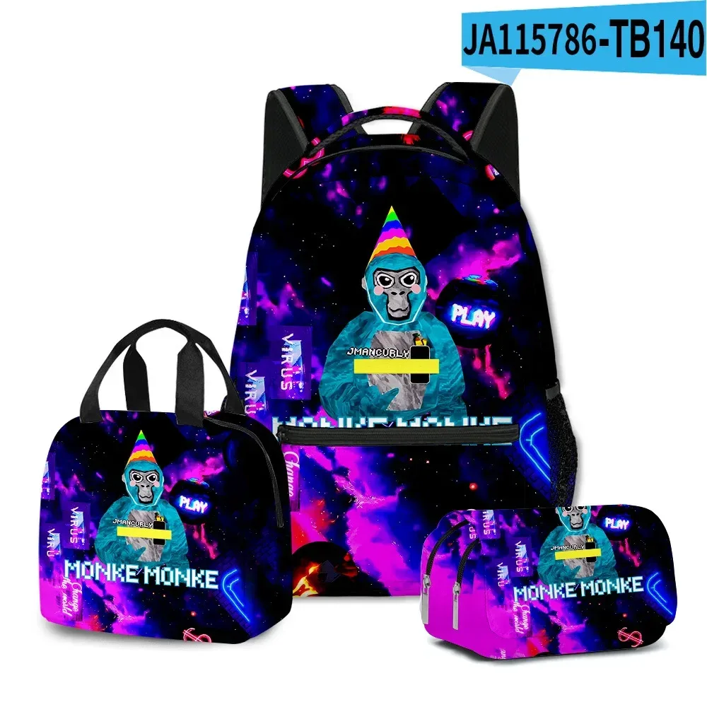 sac à dos d'école pour étudiants, sac à dos portable pour ordinateur portable, sac à déjeuner portable, trousse à crayons, imprimé 3d, motif gorilla classique, populaire et amusant, 3 pièces/ensemble