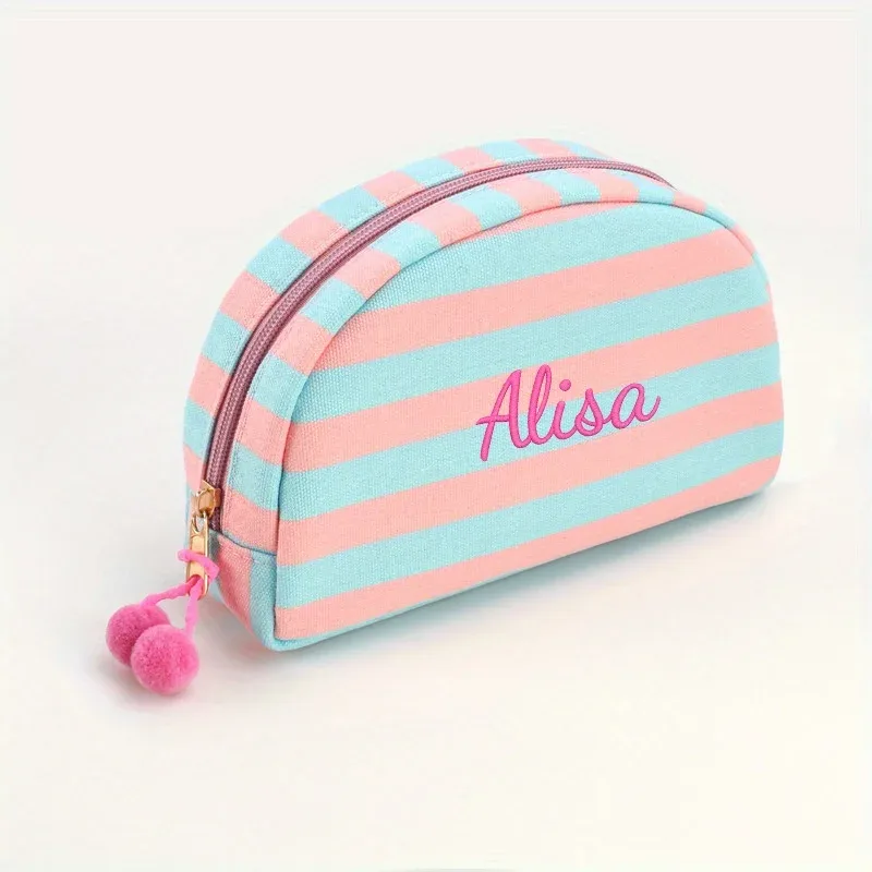 pochette de maquillage rayée brodée sur mesure, nom personnalisé, organiseur de toilette de voyage coloré, essentiels pour demoiselles d'honneur, pochette pour les vacances