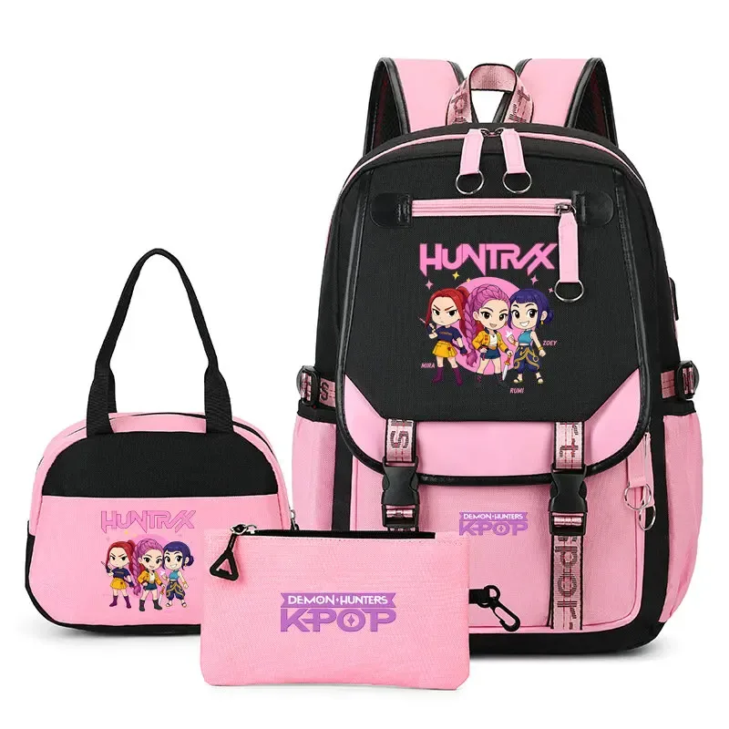 sac à dos kpop demon hunter pour adolescents, cartable de grande capacité, 3 pièces/ensemble avec sac à lunch pour femmes, étudiants, décontracté, confortable, pour voyage, mochilas