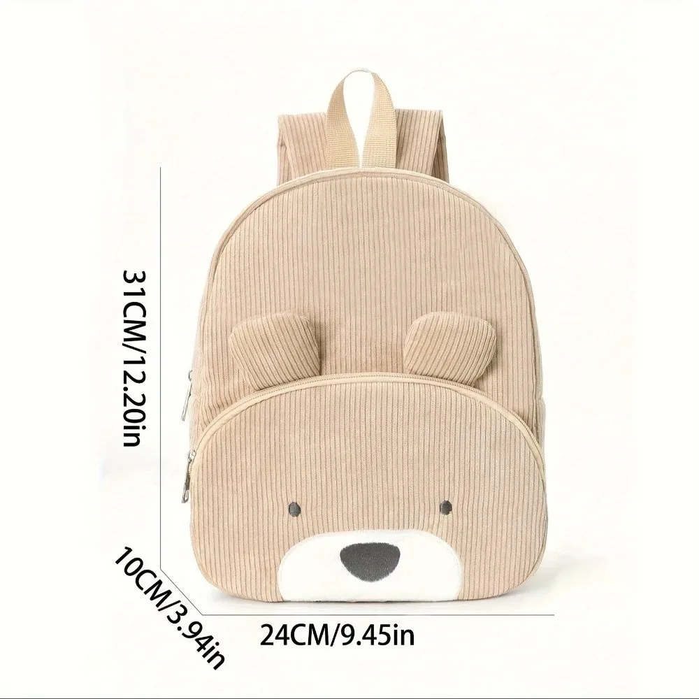 sac à dos simple en velours côtelé pour enfants, motif ours de dessin animé, couleur unie, grande capacité, pour étudiants et femmes