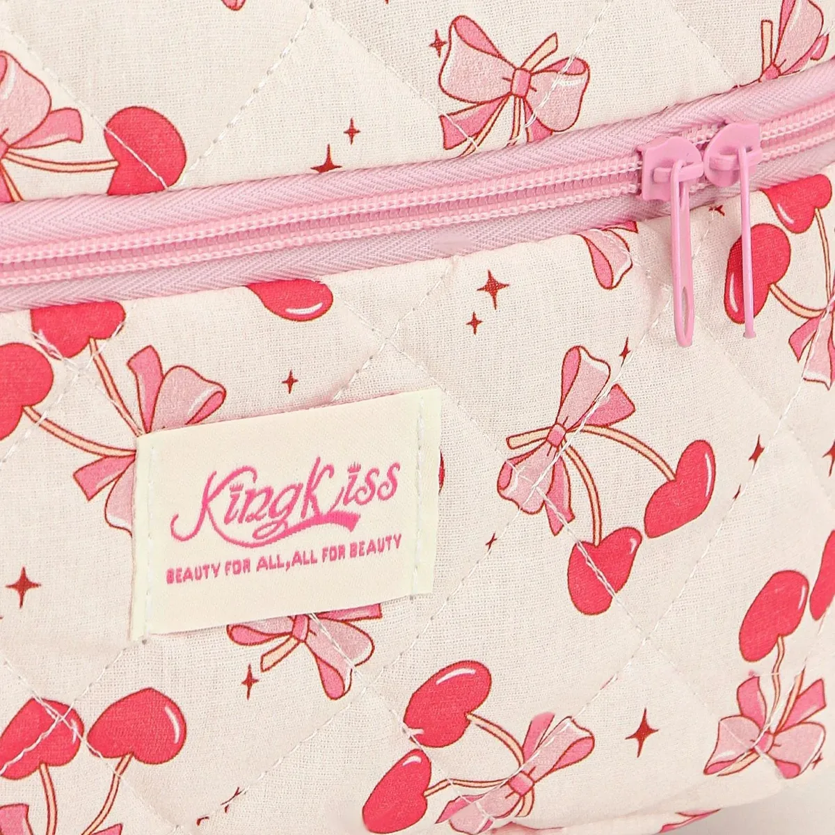 trousse polyester fleur cerises rubans rose fond blanc fermeture éclair voyage maquillage cosmétiques femme