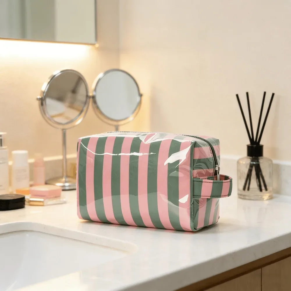 sac de maquillage imperméable à rayures en pvc transparent avec revêtement |   pochette de rangement de voyage mignonne et facile à nettoyer avec fermeture éclair pour les essentiels de vacances à la plage