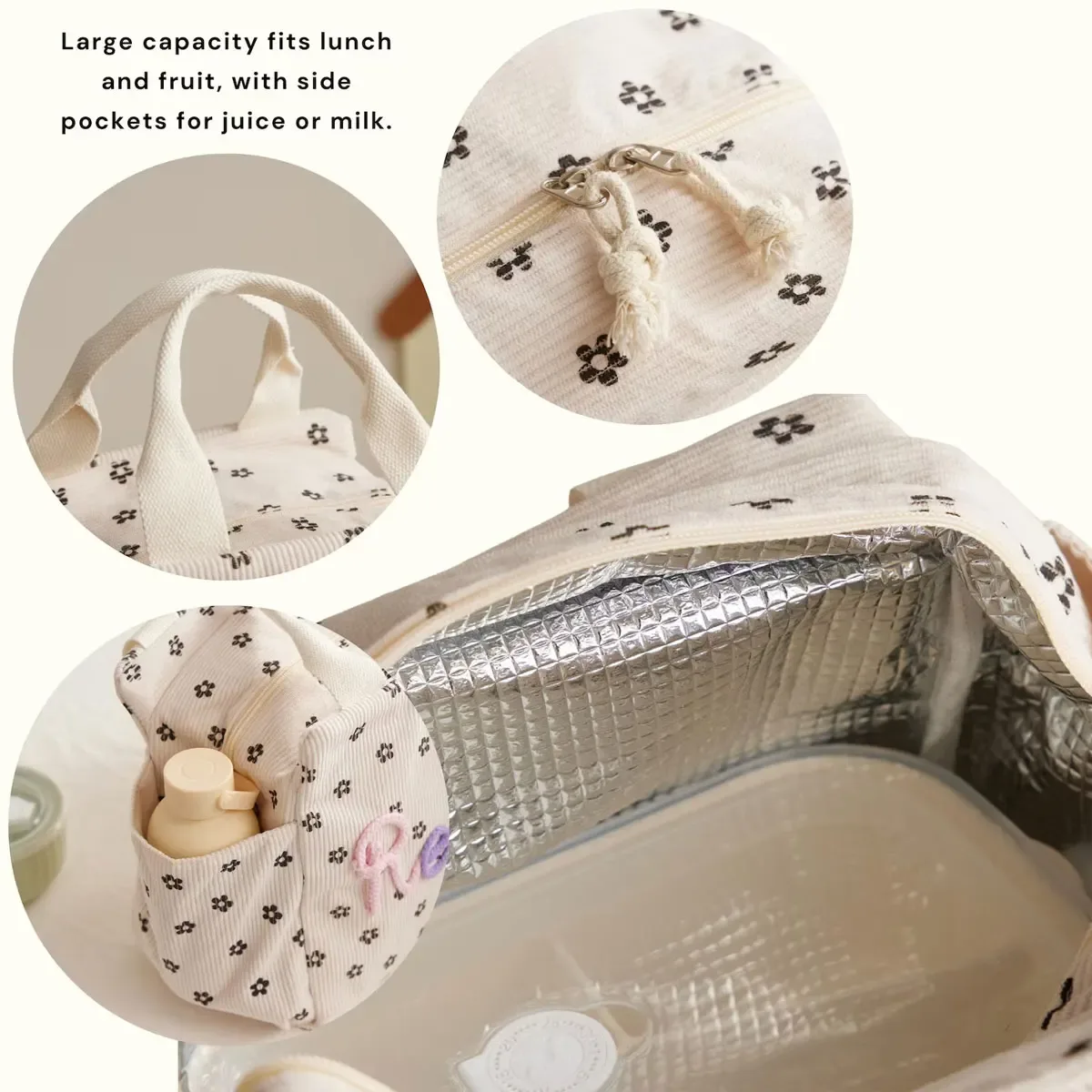 sac fourre-tout personnalisé avec initiales – sac à déjeuner isotherme en velours côtelé grande capacité personnalisé ; cadeau de rentrée scolaire, sac de vacances et de fête