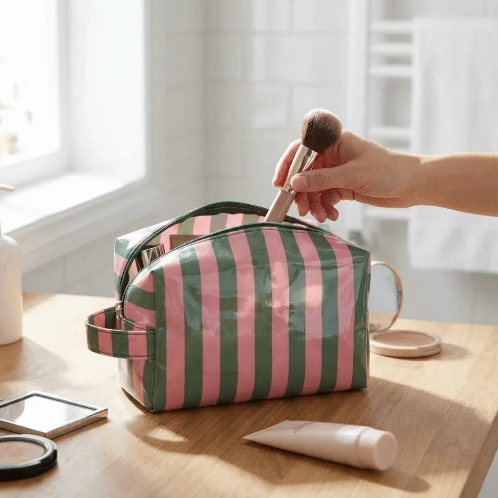 trousse de toilette rayée imperméable rose simple sac de rangement cosmétique de voyage grande capacité portable organisateur de maquillage en pvc plage