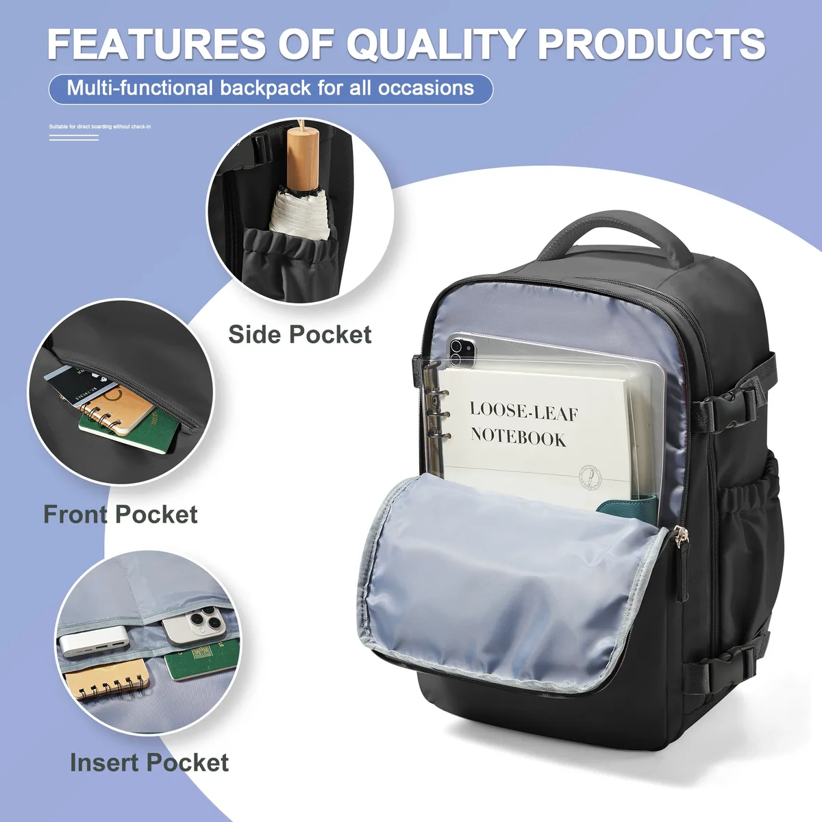 sac dos nylon noir poches latérales gris bandoulière confortable compartiment ouvert usage voyage affaires