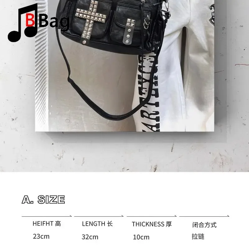 sac fourre-tout original fait main, style punk à rivets, motif croix, lourd, pour subculture visual kei, sac à main gothique, sac bandoulière harajuku