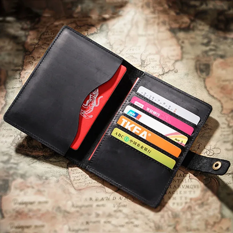 portefeuille de passeport en cuir crazy horse – organiseur de voyage rétro, porte-billet multifonction bloquant rfid pour hommes et femmes