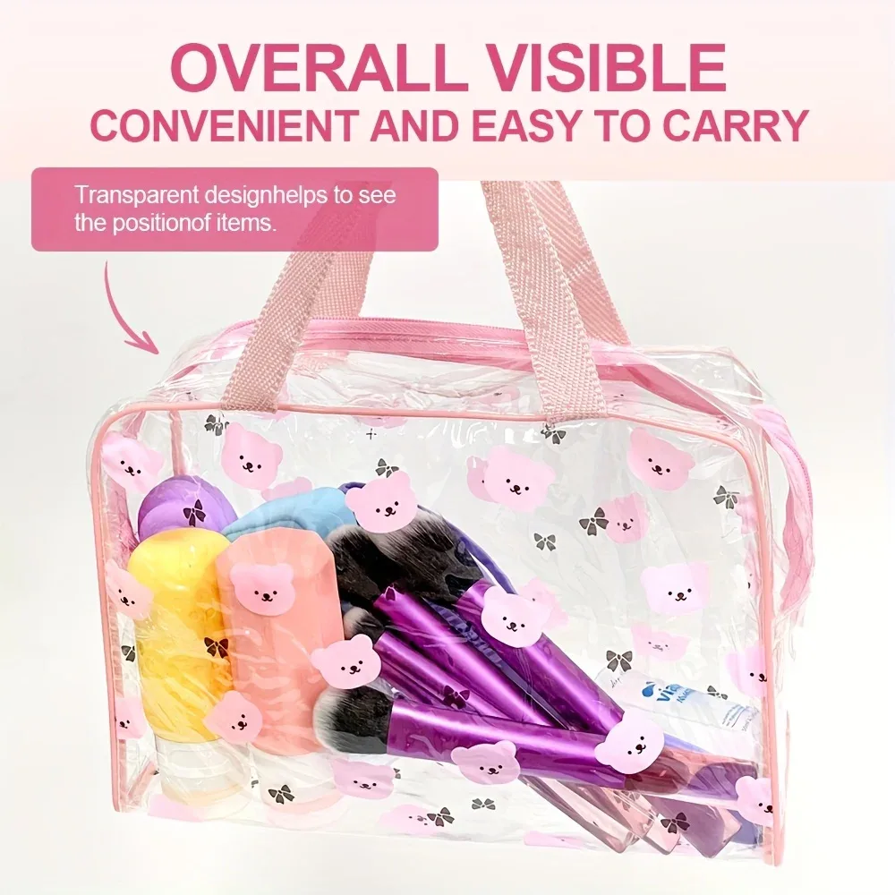 trousse toilette pvc motif ours papillons rose cosmétiques maquillage voyage grande pochette transparente compartiments poignées