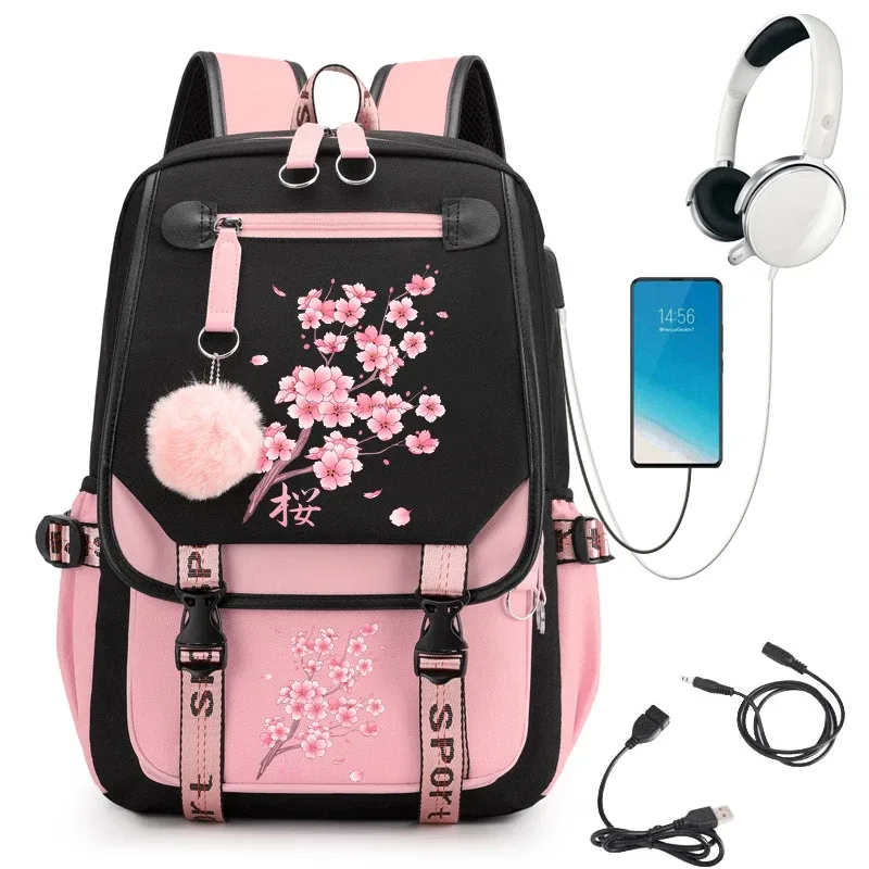 sac à dos d'école kawaii pour filles, sac à livres mignon, sakura tombant, aucune fleur, adolescentes, étudiant, sac de voyage lancé
