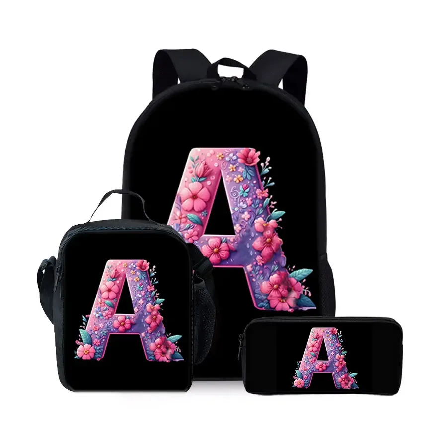 Nouvel ensemble de sacs à dos trois pièces à motif alphabet anglais pour garçons et filles – Meilleurs cadeaux – Sac à dos scolaire plat 2D dessin animé pour enfants