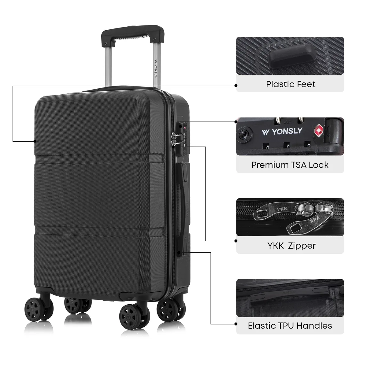 valise yonsly 20/24/28 pouces avec fermeture éclair ykk, serrure tsa 4 360 ° valise rigide à roulettes avec poignée en caoutchouc souple, unisexe, élégante et minimaliste, idéale pour les courts séjours.