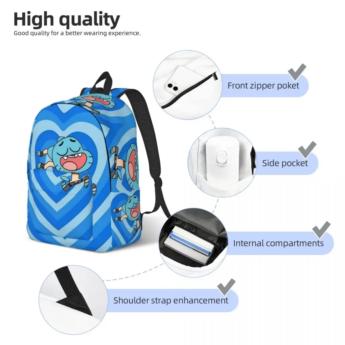 sac à dos classique amazing world of gumballs avec poche pour étudiants, randonnée, voyage, sac à dos pour hommes et femmes, sacs en toile pour ordinateur portable
