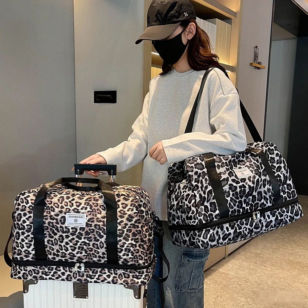 sac de voyage à imprimé léopard, grande capacité, sac de sport avec compartiment indépendant pour chaussures, sac de voyage pour week-end.