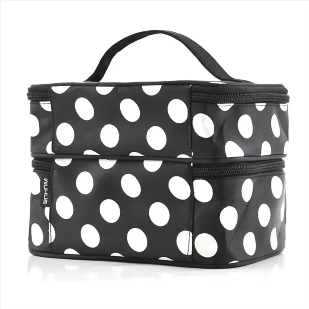 sac de maquillage double couche tendance, grande capacité, à pois, trousse de toilette portable, étui de maquillage de voyage