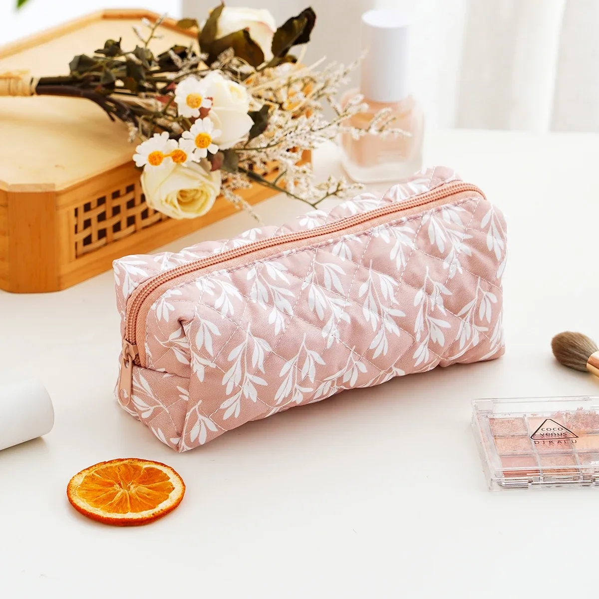 elinfant 1 sac de rangement matelassé imprimé floral, grande trousse de maquillage de voyage esthétique