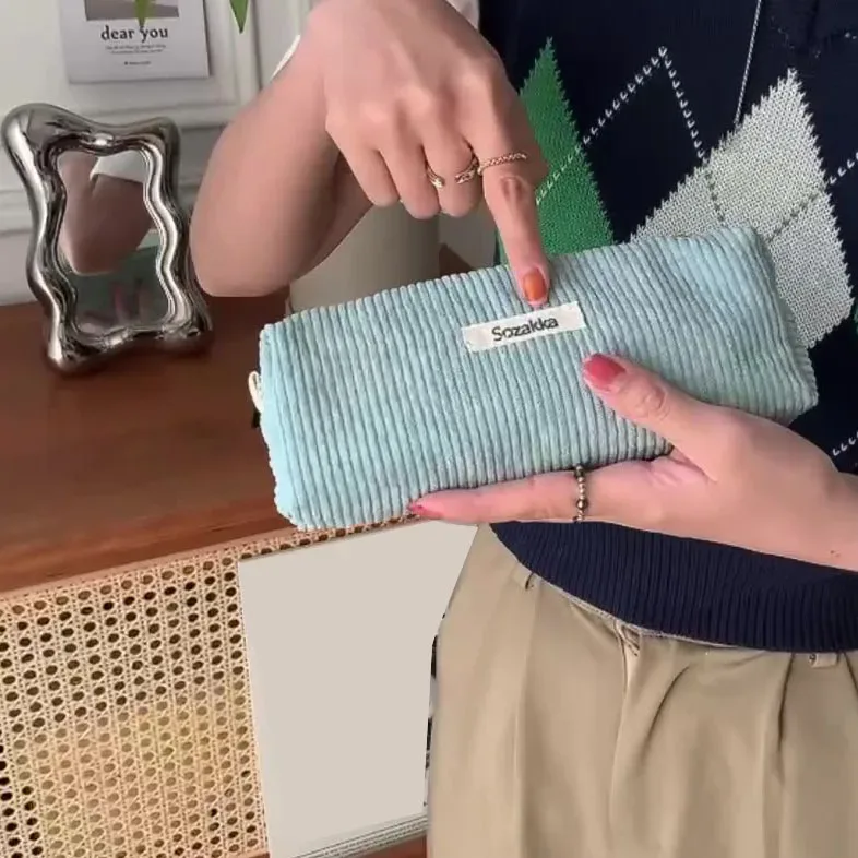 grand sac à cosmétiques en tissu velours côtelé pour femmes, pochette de maquillage pour filles, sac de voyage à main, étuis de rangement de rouge à lèvres, pochette à fermeture éclair pour téléphone