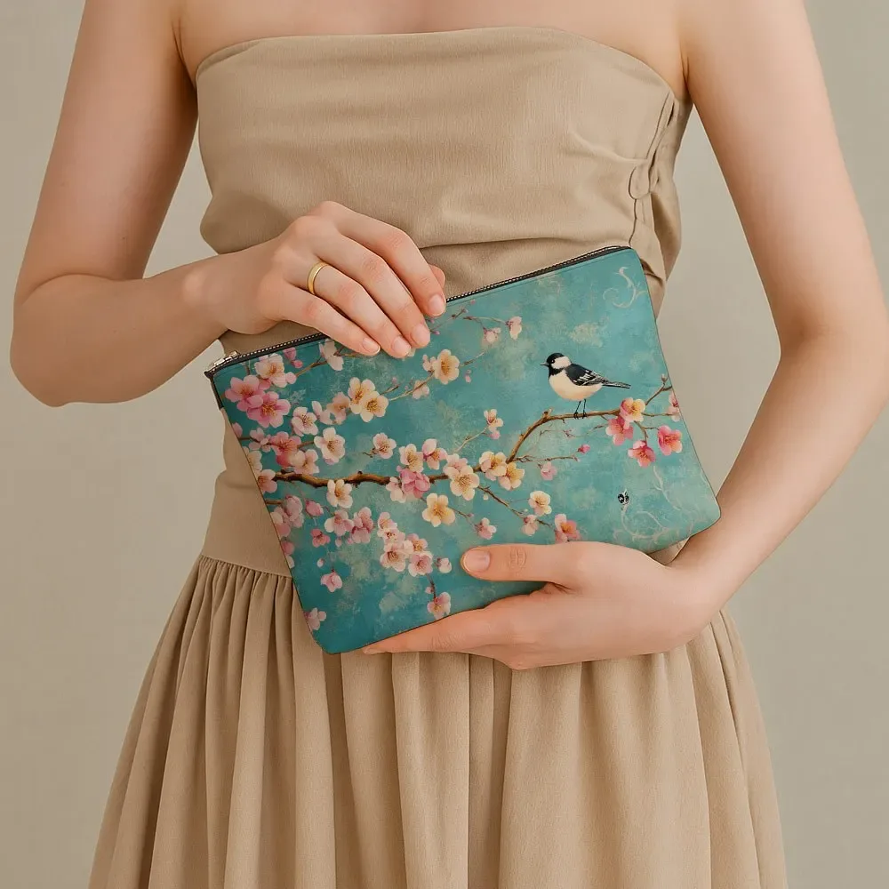 trousse de maquillage à motif floral, imprimé botanique vintage, oiseau, fleur de cerisier, trousse de toilette portable, pochette de rangement chic et pratique pour femmes