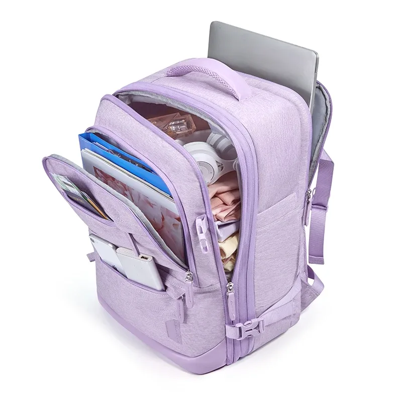 sac dos polyester violet gris marron rectangulaire transport bandes latérales compartiments zippés poche latérale ergonomique expandible voyage weekender