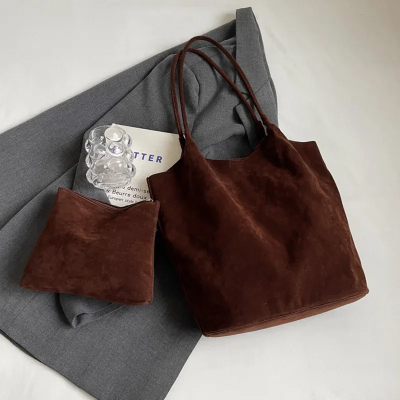 sac à bandoulière rétro en daim pour femmes, nouvelles couleurs unies, fourre-tout décontracté de grande capacité, fermeture éclair, fil à coudre polyvalent pour l'artisanat