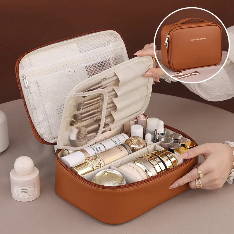 sac de maquillage fourre-tout de grande capacité en pu, organisateur de voyage portable, sac de rangement de cosmétiques de toilette, pochette de luxe à double couche pour femmes