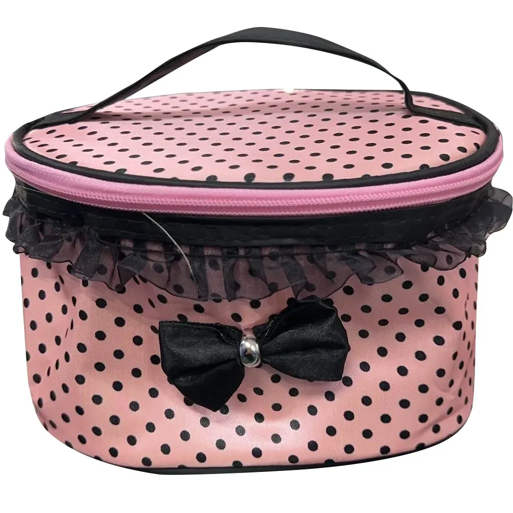 sac de maquillage en dentelle avec nœud mignon pour femmes, organisateur de cosmétiques à fermeture éclair, sac à main en tissu, trousse de toilette portable pour filles