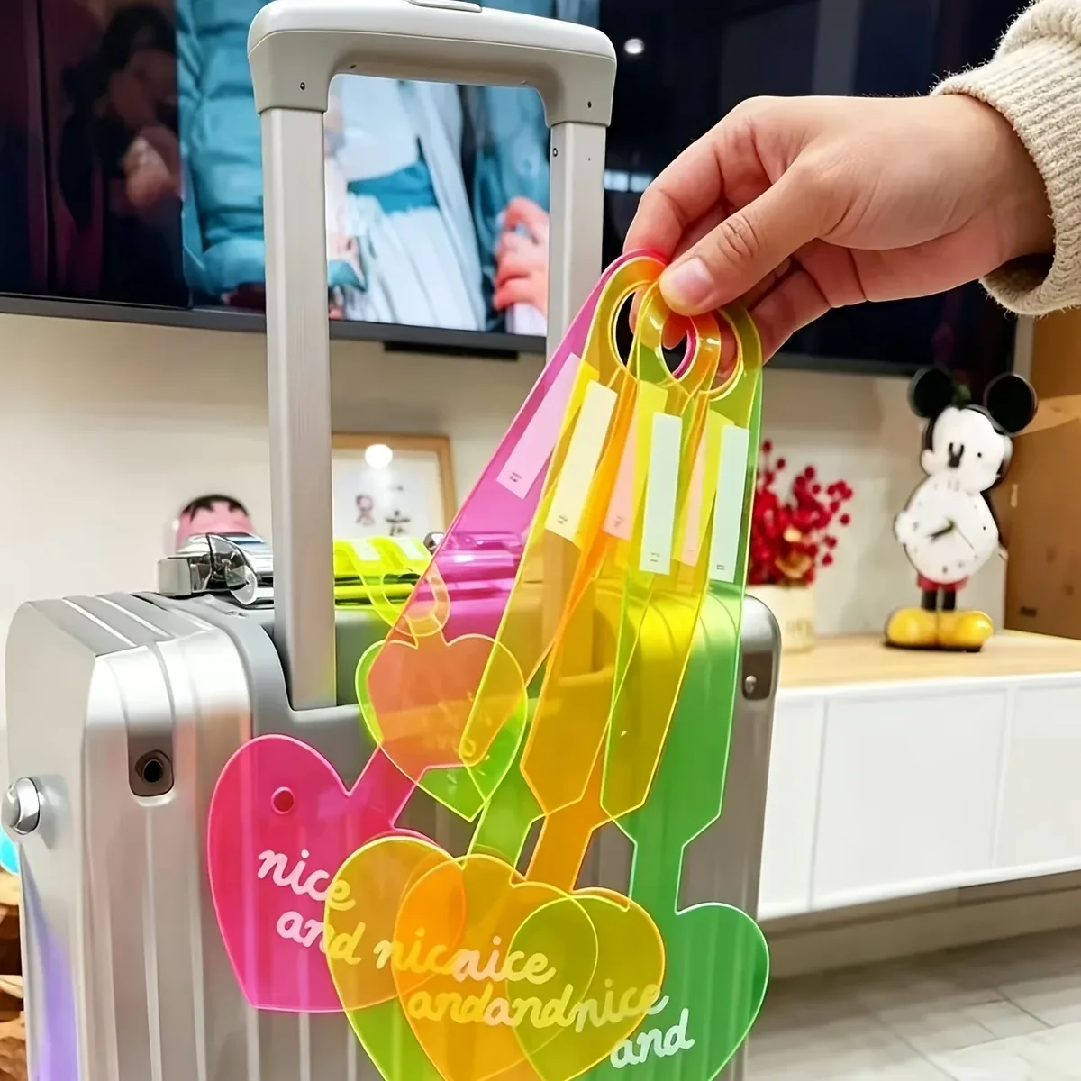 étiquette bagage pvc transparent forme coeur inscription nice and couleur vert anti vol usage voyage