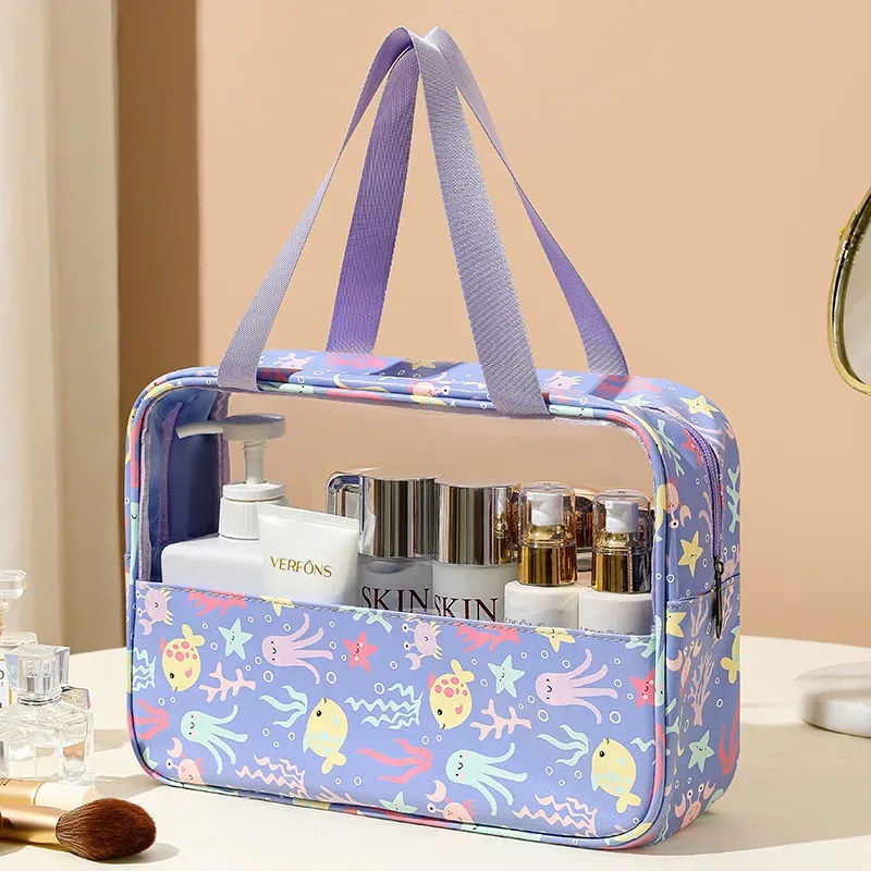 4 pièces sac de maquillage en pvc fleur imprimé sac à main de lavage transparent pochette cosmétique de voyage étanche trousse de toilette pratique porte-monnaie