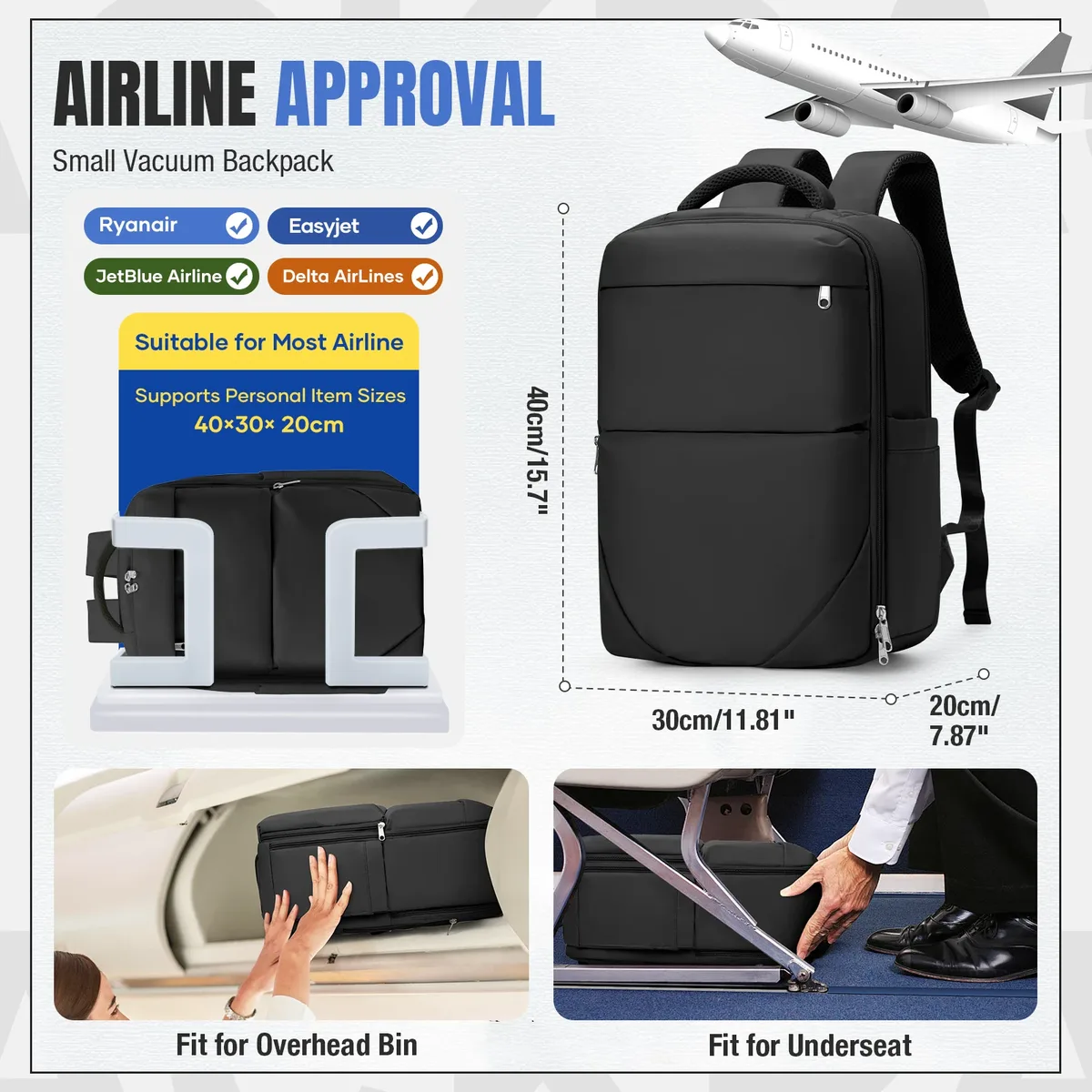 sac à dos de compression sous vide ryanair 40x30x20, bagage à main, sac de voyage, sac de cabine, sac pour ordinateur portable, sac de travail, sac d'école pour hommes et femmes