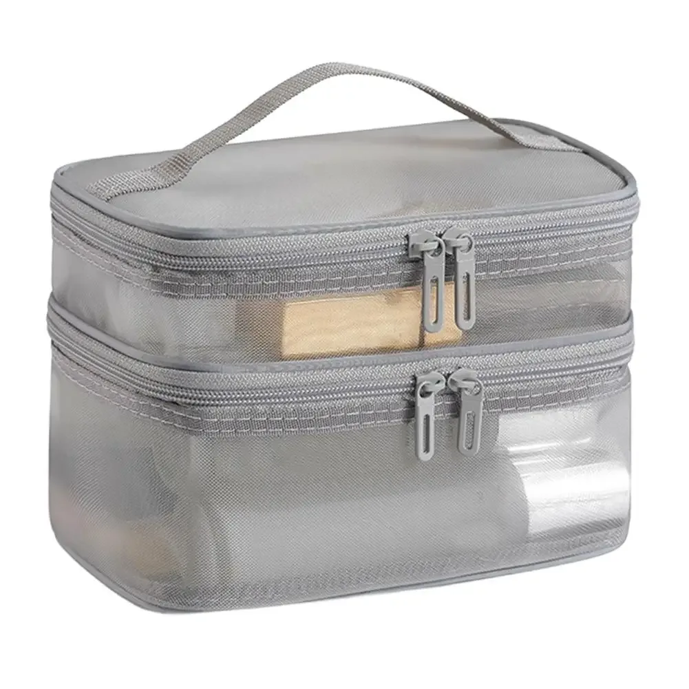 sac à cosmétiques en maille double couche, organiseur de maquillage de voyage, pochette à maquillage transparente à double ouverture, trousse de toilette portable imperméable pour femmes