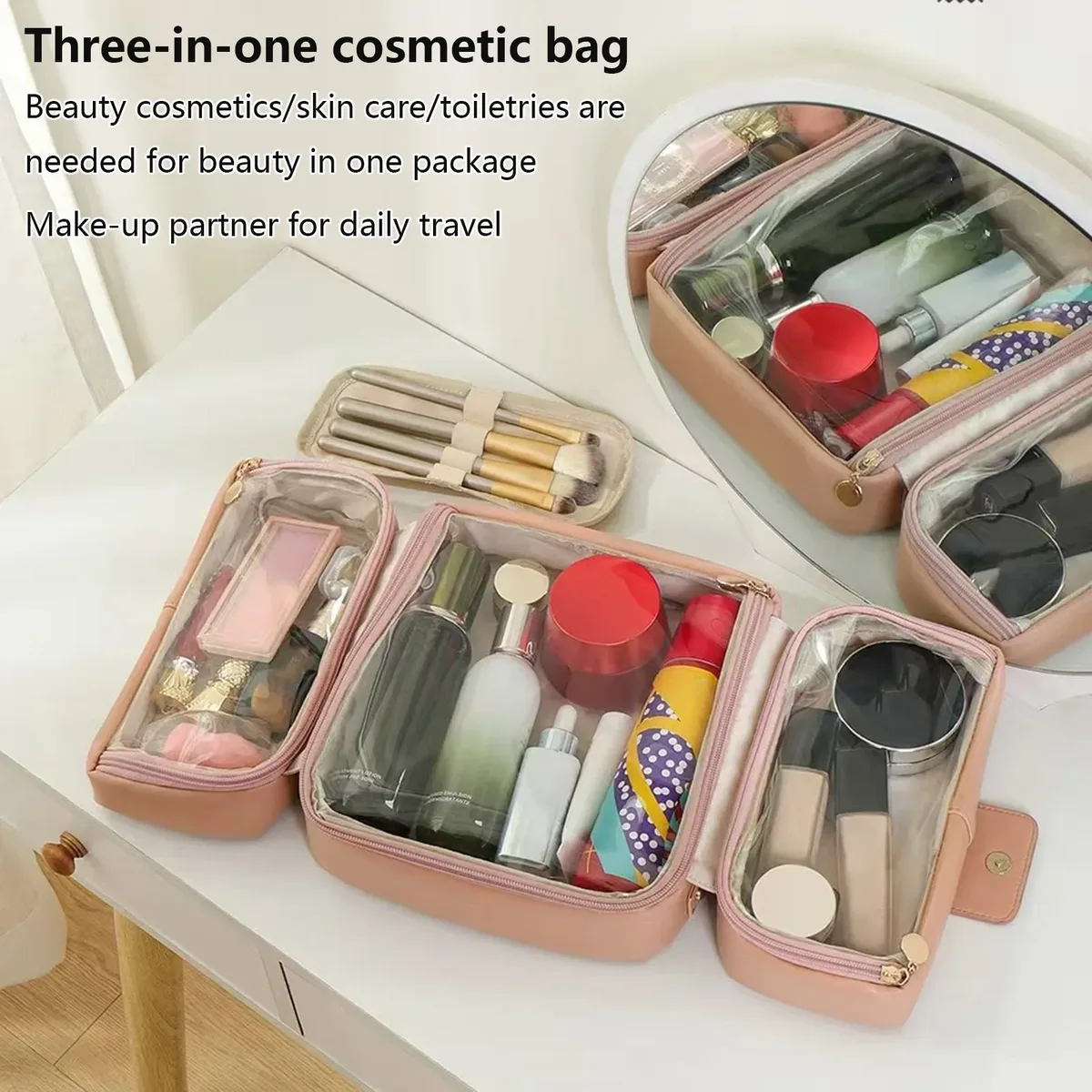 trousse de maquillage 3 en 1, grande capacité, organisateur de cosmétiques de voyage, portable, étanche, pochette de rangement de toilette multifonctionnelle