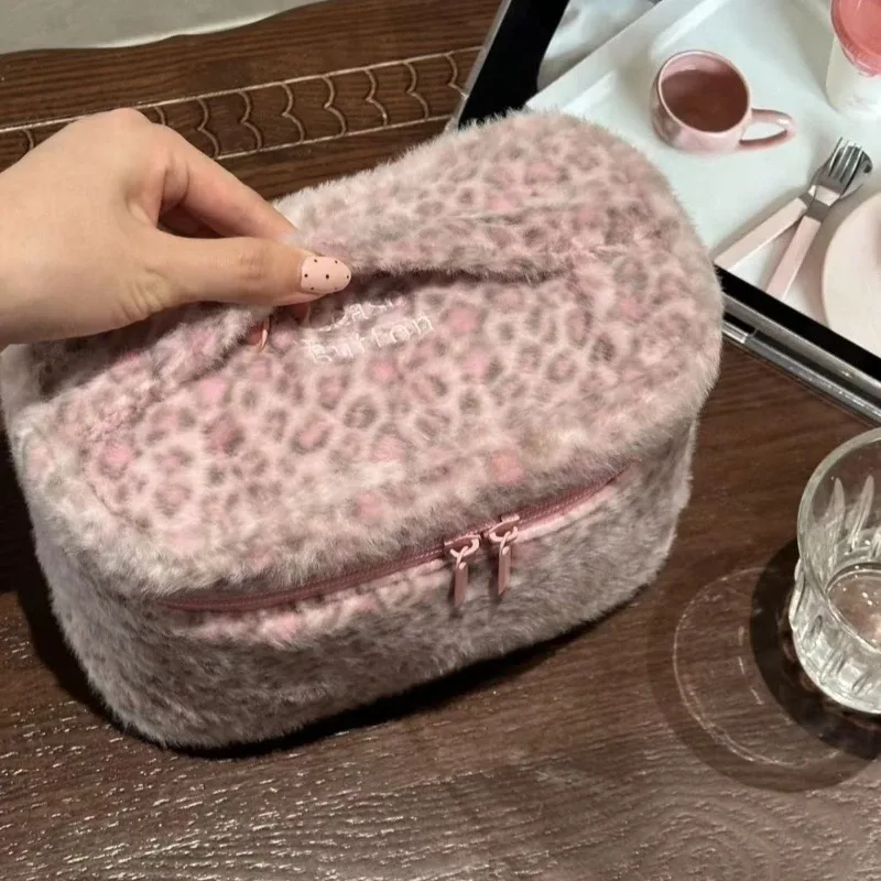 sac de maquillage en tissu léopard rose brun, grande capacité, trousse de toilette de voyage pour femmes, rangement cosmétique