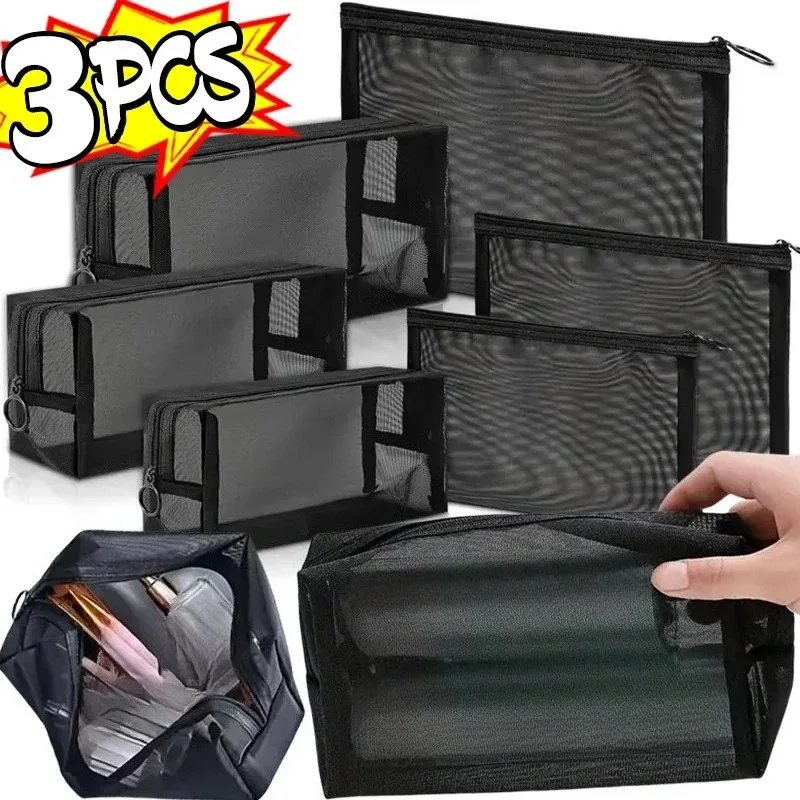 sacs à cosmétiques transparents en maille, petit grand sac de maquillage noir, étui de rangement de toilette de voyage portable, pochette de rangement de rouge à lèvres 1/3 pièces
