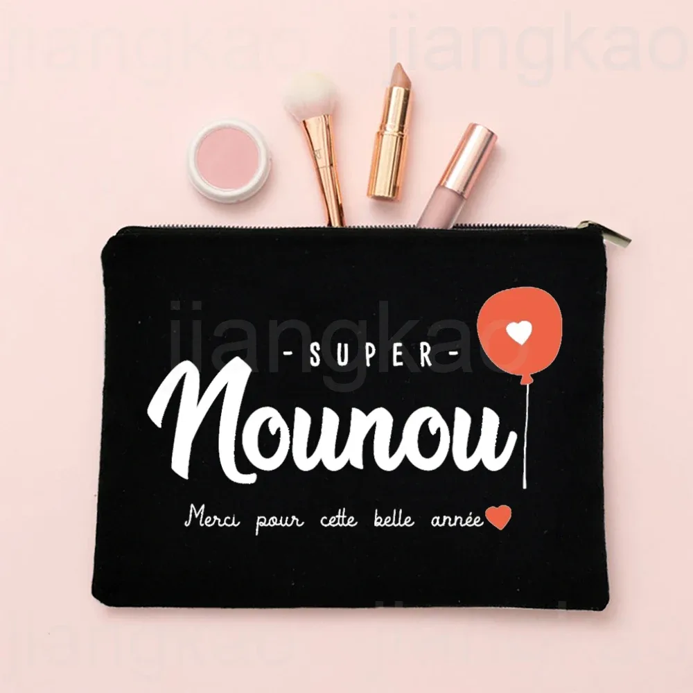 j'aime ma nounou, trousse de maquillage imprimée française, pochette de rangement de toilette de voyage, trousse à cosmétiques pour femmes, sacs à fermeture éclair, cadeau de remerciement pour nounou