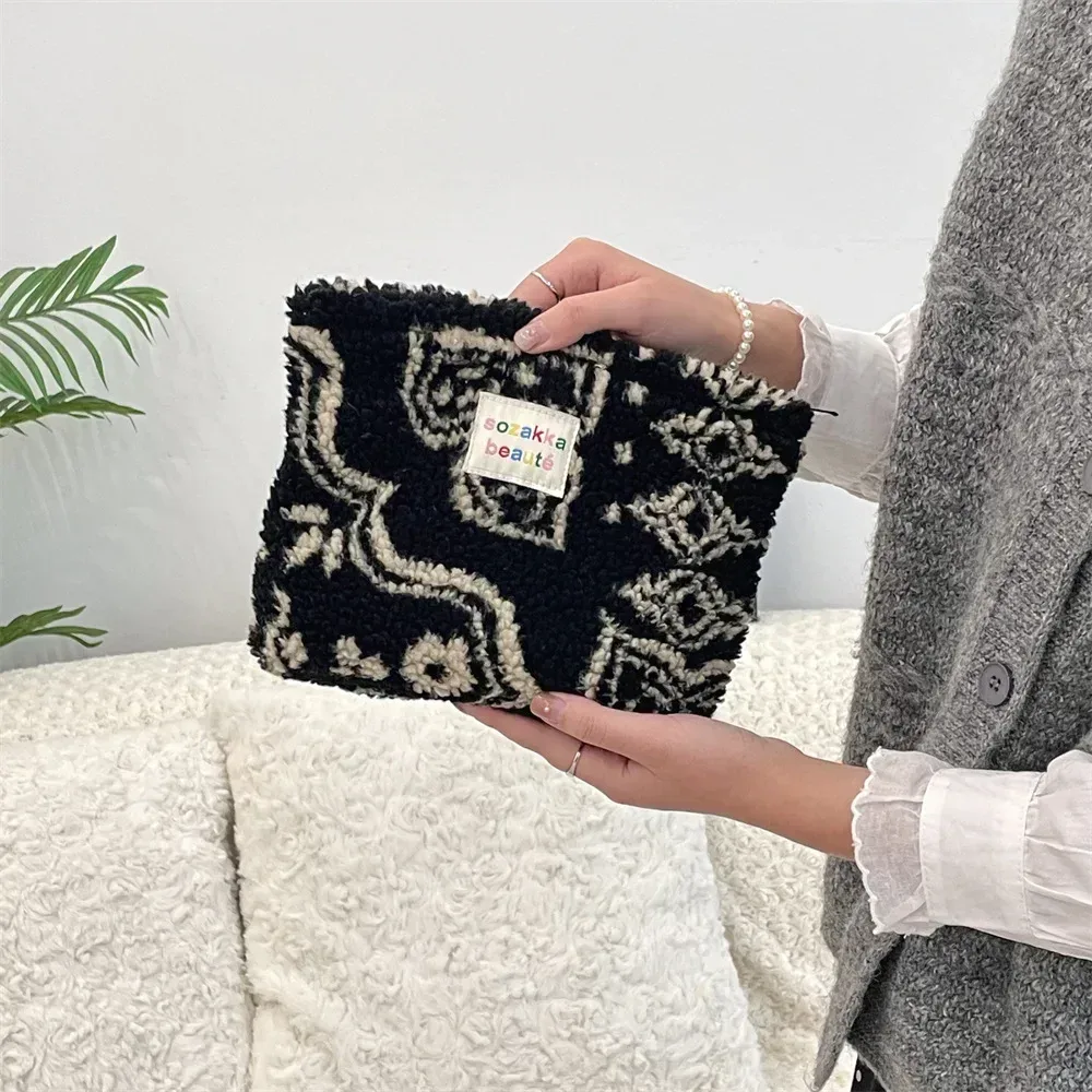 pochette rétro rayée pour femmes, sac à cosmétiques, trousse de toilette en peluche, sacs de maquillage, pochette de maquillage, étui de voyage, organisateur de cosmétiques
