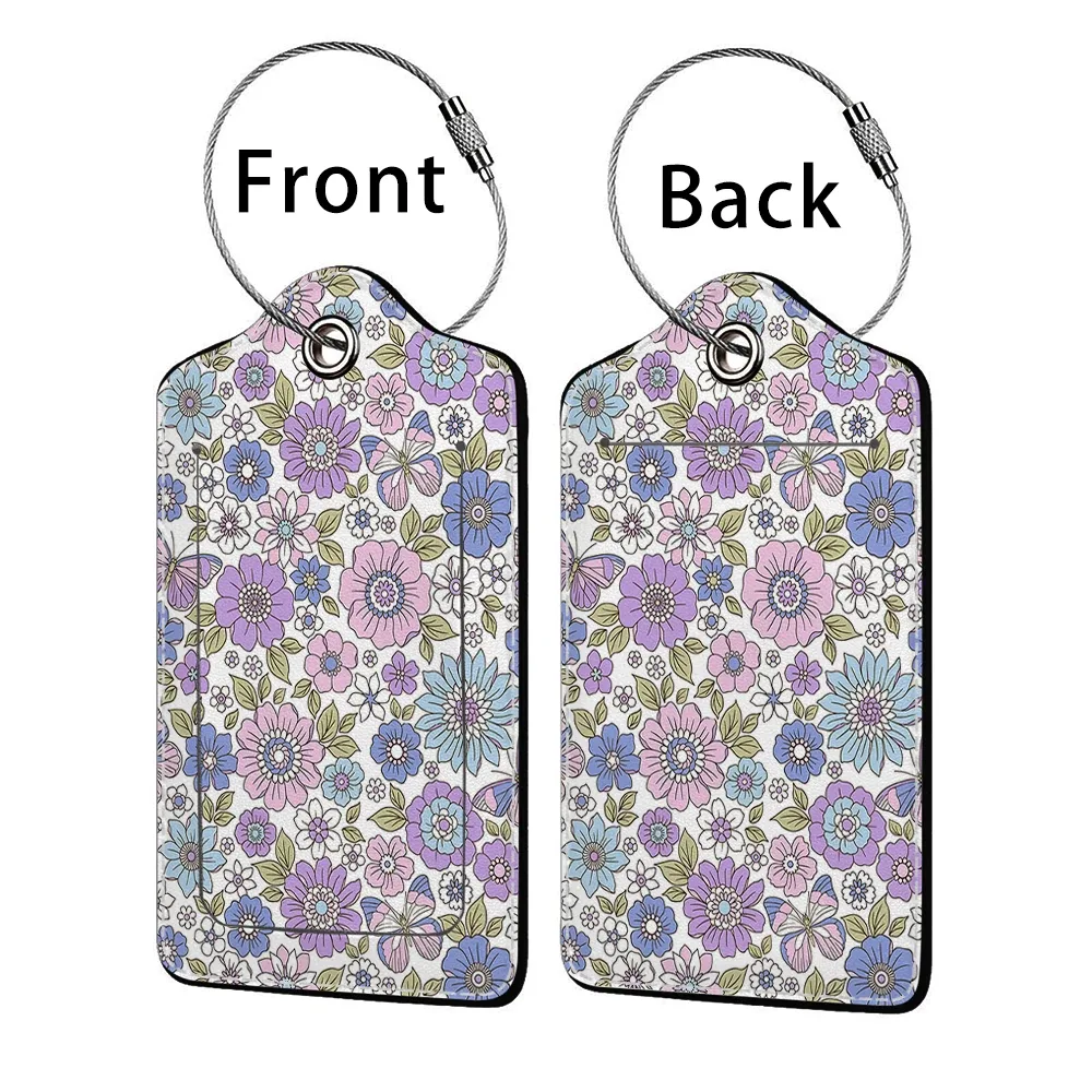 étiquette bagage polyuréthane motif floral subtil fond beige anneau métallique voyage affaires identification nom adresse