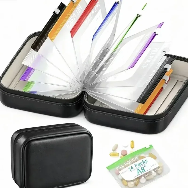 organisateur voyage pilules pochettes transparents bandes couleur assortie boîte vert pastel fermeture glissière noire imperméable