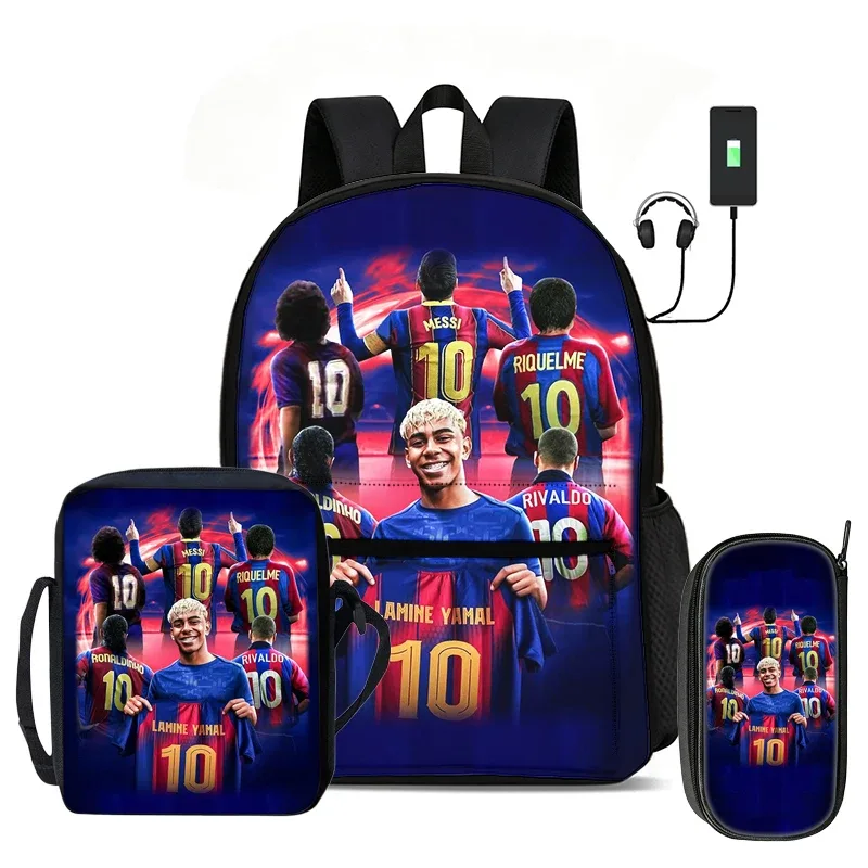 l-lamin yamal ensemble de 3 pièces : sac à dos, sac à bandoulière, trousse à crayons, sac à dos de sport pour enfants, motif star de football