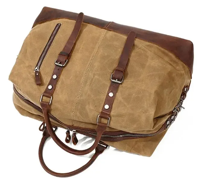 sac de voyage pour homme en toile cirée imperméable et cuir, sac à main, sac de cabine, grand sac fourre-tout vintage, sac de week-end, grand sac de nuit.