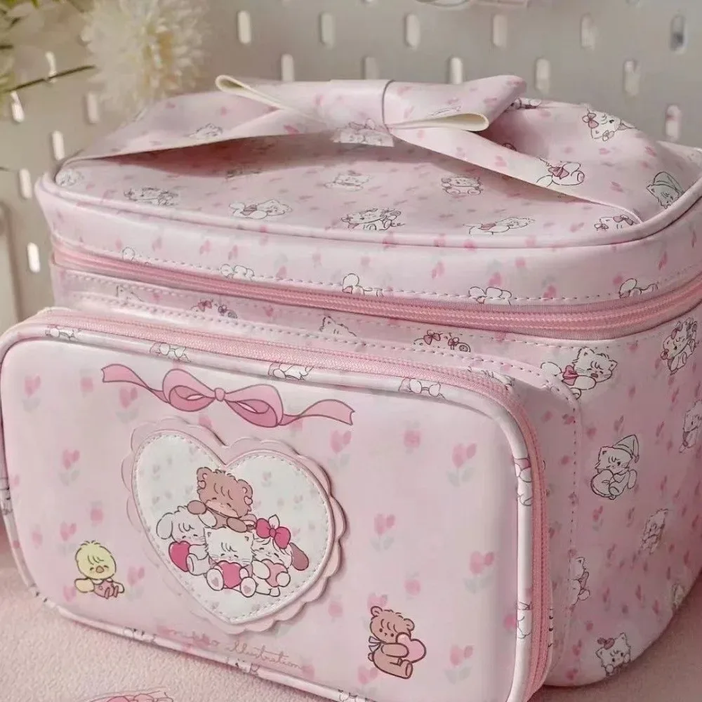 nouvelle trousse de maquillage en pu, grande capacité, portable, imprimé cartoon, sac de rangement carré, trousse de toilette mignonne