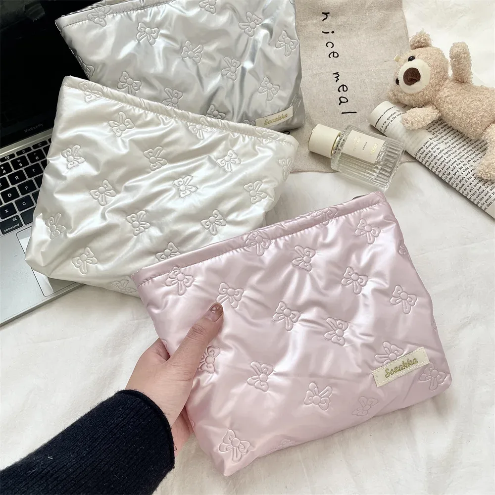 trousse de maquillage en pu matelassé de style coréen, pochette cosmétique brillante en forme de cœur avec nœud, rangement esthétique y2k pour femmes et filles